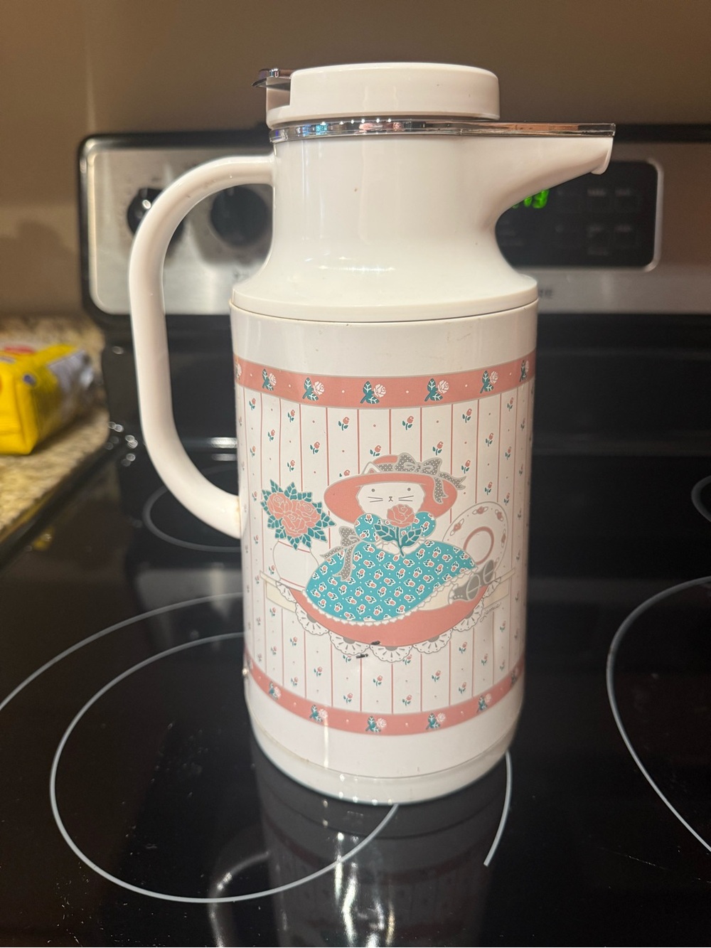 80s thermal coffee carafe made in Japan cute cat dressed up vintage cottagecore